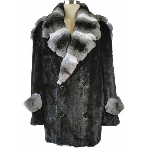 Winter Fur Black / White / Grey Genuine Full Skin Mink Pea Coat With Real Chinchilla Collar M59Q01BKC.