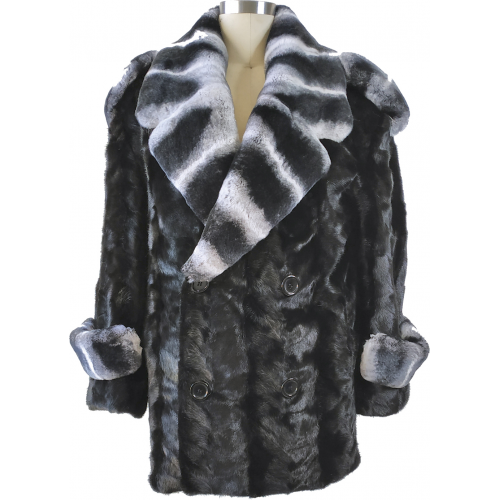 Winter Fur Black / White Genuine Mink Paws Pea Coat With Rex Rabbit Collar M69Q01BKR.