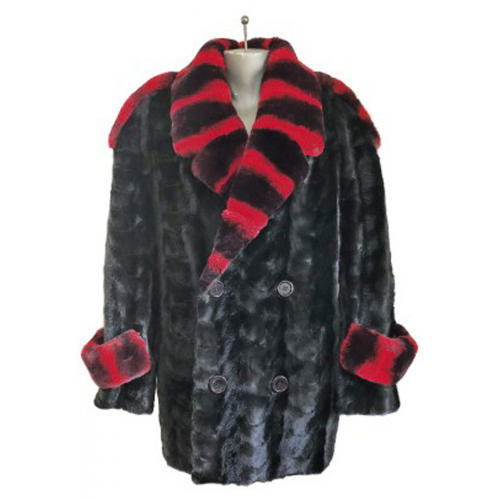Winter Fur Black / Red Genuine Mink Paws Pea Coat With Rex Rabbit Collar M69Q01BKRR.