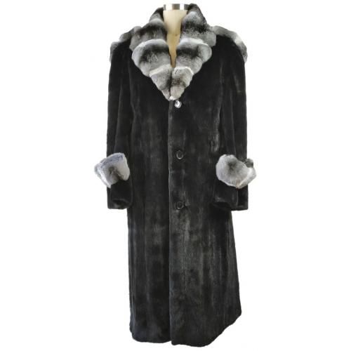 Winter Fur Black / White Genuine Mink Trench Coat With Rex Rabbit Collar M69F01BKR.