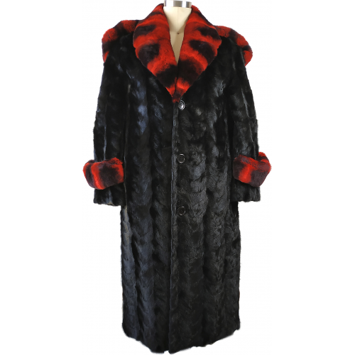 Winter Fur Black / Red Genuine Mink Trench Coat With Rex Rabbit Collar M69F01BKRR.