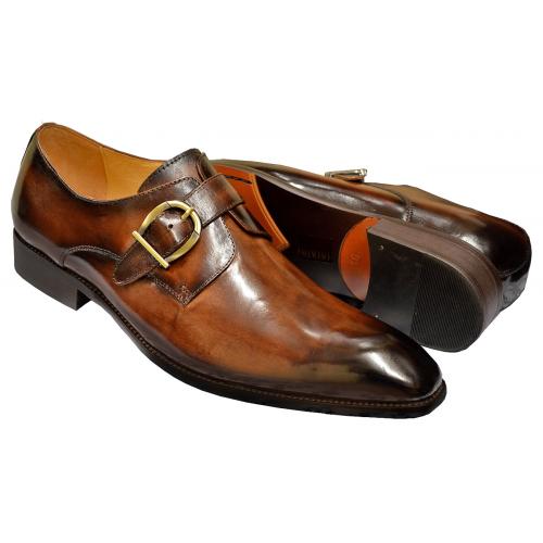 Carrucci Brown Burnished Calfskin Leather Monk Strap Shoes KS503-35