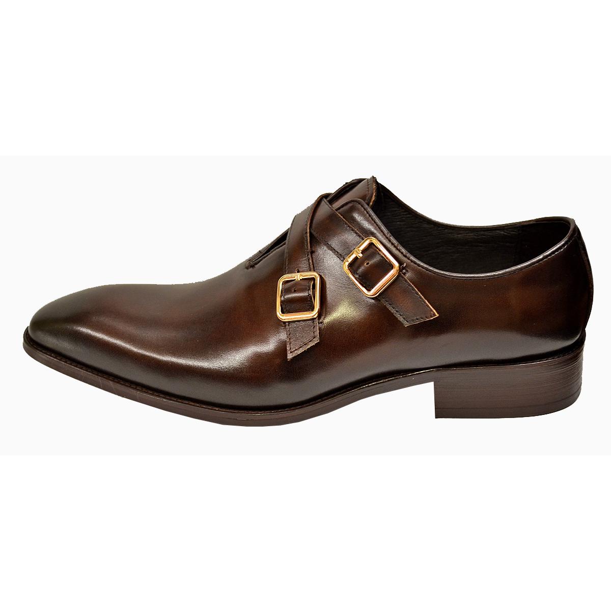 Men's Dress Leather Shoes Carrucci Apron Toe Double Monk Brown/Navy 
