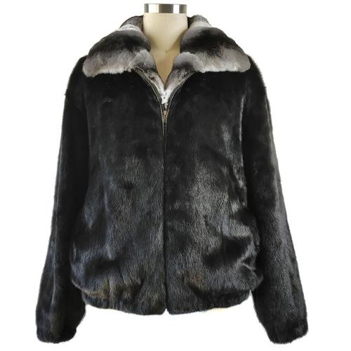 Winter Fur Black / White Genuine Full Skin Mink Bomber Jacket With Real Chinchilla Collar M59R01BKC.