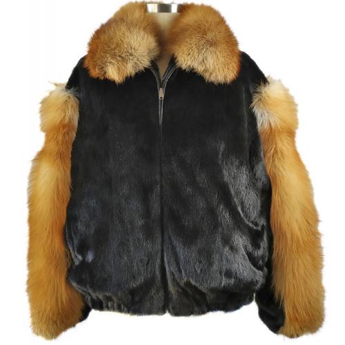 Winter Fur Black / Red Genuine Full Skin Mink Bomber Jacket With Fox Collar And Sleeves M59R01BKRF.