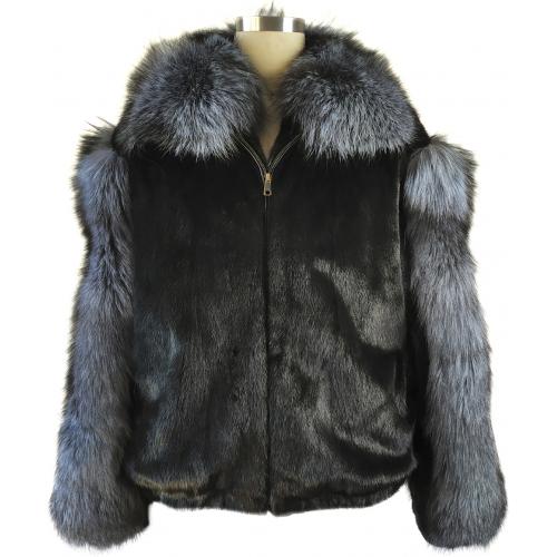 Winter Fur Black / Silver Genuine Full Skin Mink Bomber Jacket With Fox Collar And Sleeves M59R01BKSF.