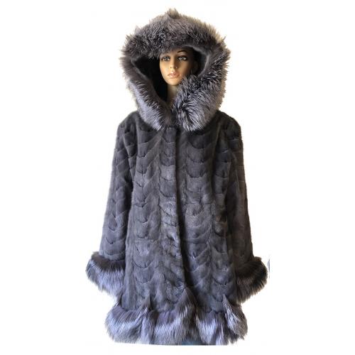 Winter Fur Ladies Sapphire Blue Genuine Mink Paws 3/4 Coat W69Q03GY.