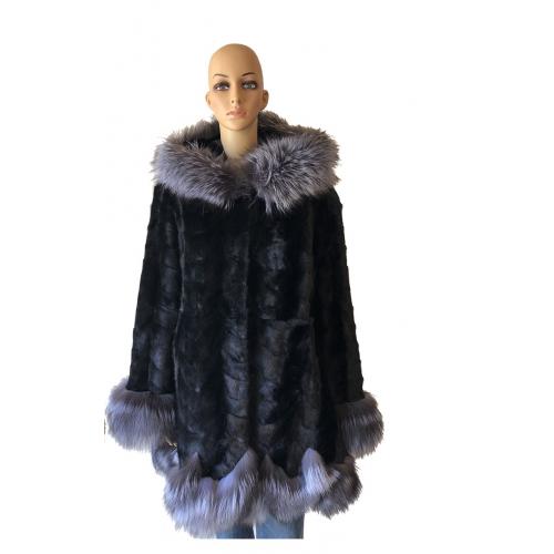 Winter Fur Ladies Black / Blue Genuine Mink Paws 3/4 Coat W69Q03BK.