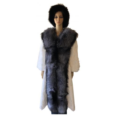 Winter Fur Ladies White Genuine Mink Paws Coat With Silver Fox Trimmed W69Q04WT.
