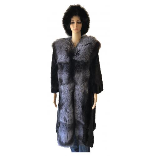 Winter Fur Ladies Black Genuine Mink Paws Coat With Silver Fox Trimmed W69Q04BK.