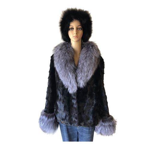 Winter Fur Ladies Black / Silver Genuine Mink Top With Fox Collar And Cuff W49S06BKS.