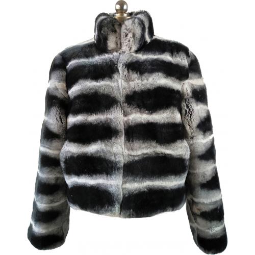 Winter Fur Ladies Black / White Genuine Full Skin Rabbit Bomber Jacket W18S03CH.
