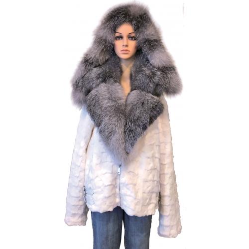 Winter Fur Ladies White Genuine Diamond Mink Motor Jacket With Fox Collar And Hood W49S07WT.