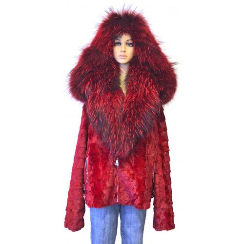 Winter Fur Ladies Red Genuine Diamond Mink Motor Jacket With Fox Collar And Hood W49S07RD.