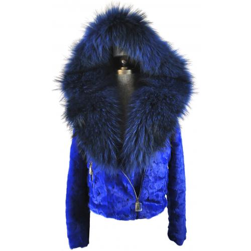 Winter Fur Ladies Royal Blue Genuine Diamond Mink Motor Jacket With Fox Collar And Hood W49S07RB.