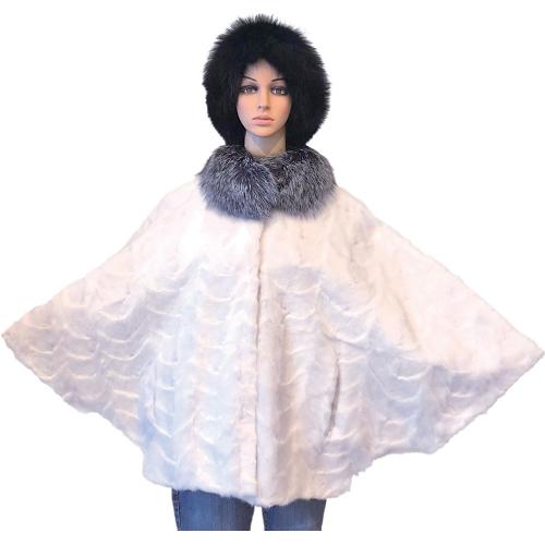 Winter Fur Ladies White / Silver Genuine Mink Cape With Fox Fur Collar W69P02WTS.