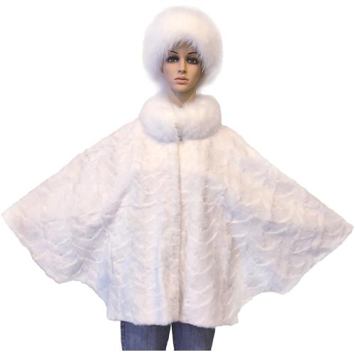 Winter Fur Ladies White Genuine Mink Cape With Fox Fur Collar W69P02WTW .