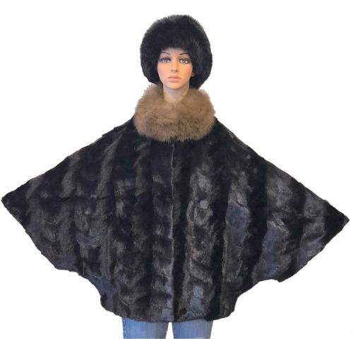 Winter Fur Ladies Black / Sable Genuine Mink Cape With Fox Fur Collar W69P02BKS.