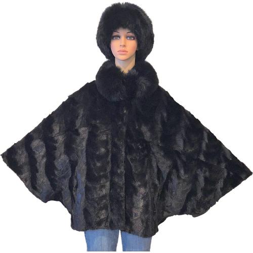 Winter Fur Ladies Black Genuine Mink Cape With Fox Fur Collar W69P02BK.
