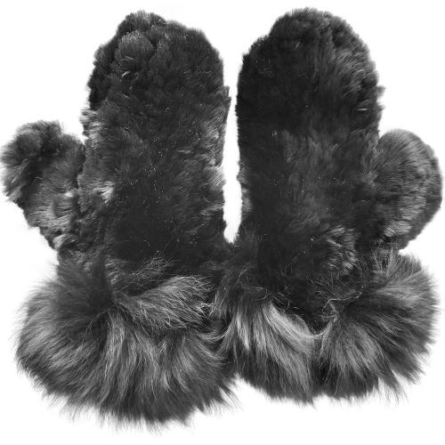 Winter Fur Ladies Black Genuine Rex Rabbit Knitted Gloves G2801BK.