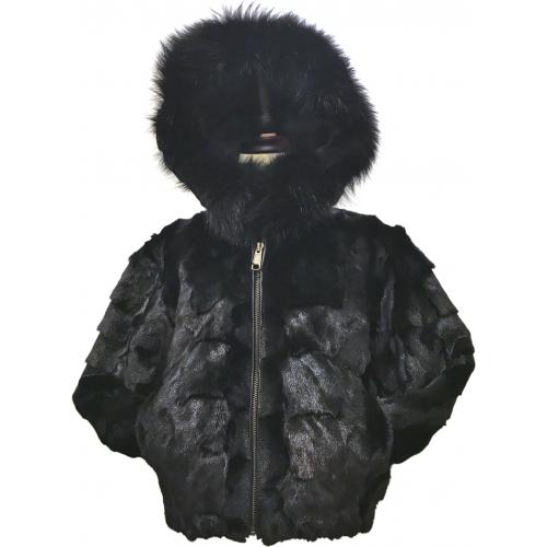 Winter Fur Kids' Black Genuine Diamond Mink With Fox Trimmed Hood Jacket K49R02BK.