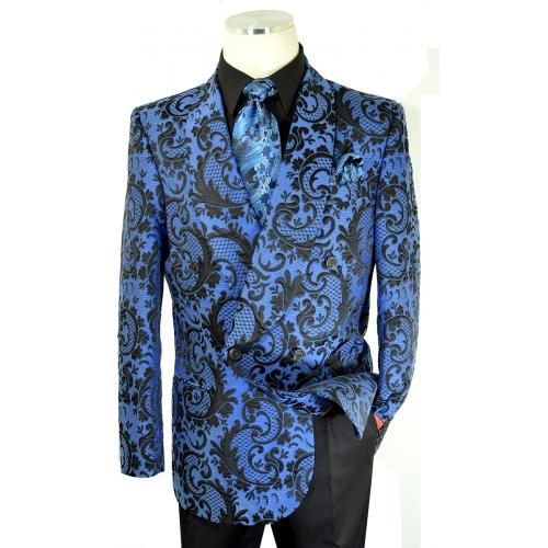 Extrema Blue / Black Woven Paisley Cotton Blend Double Breasted Classic Fit Suit RLB50