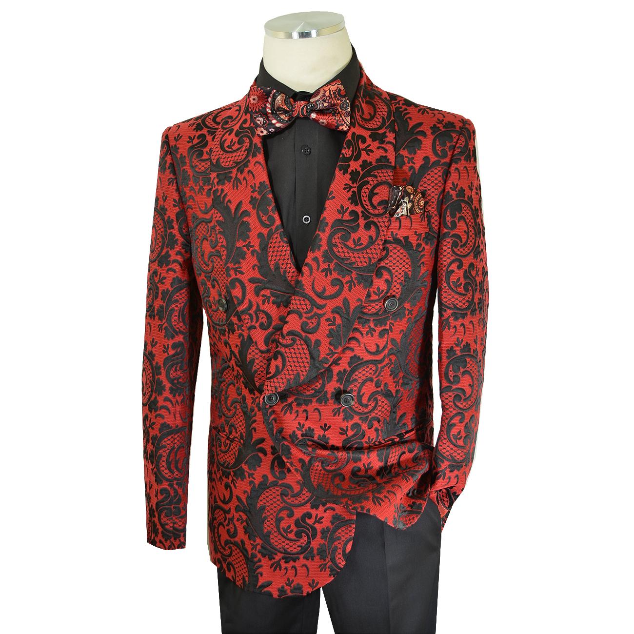 Extrema Red / Black Woven Paisley Cotton Blend Double Breasted Classic ...