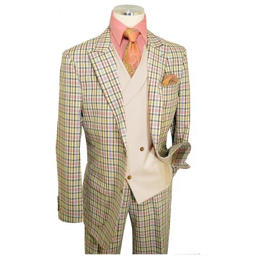 Extrema Cream / Pink / Grey / Multi-Color Plaid Vested Classic Fit Suit RLBPV40