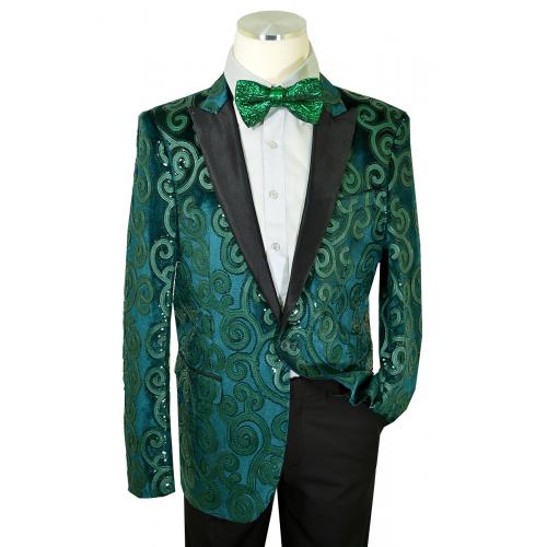Cielo Emerald Green / Black Sequined Velvet / Satin Modern Fit Blazer B6362