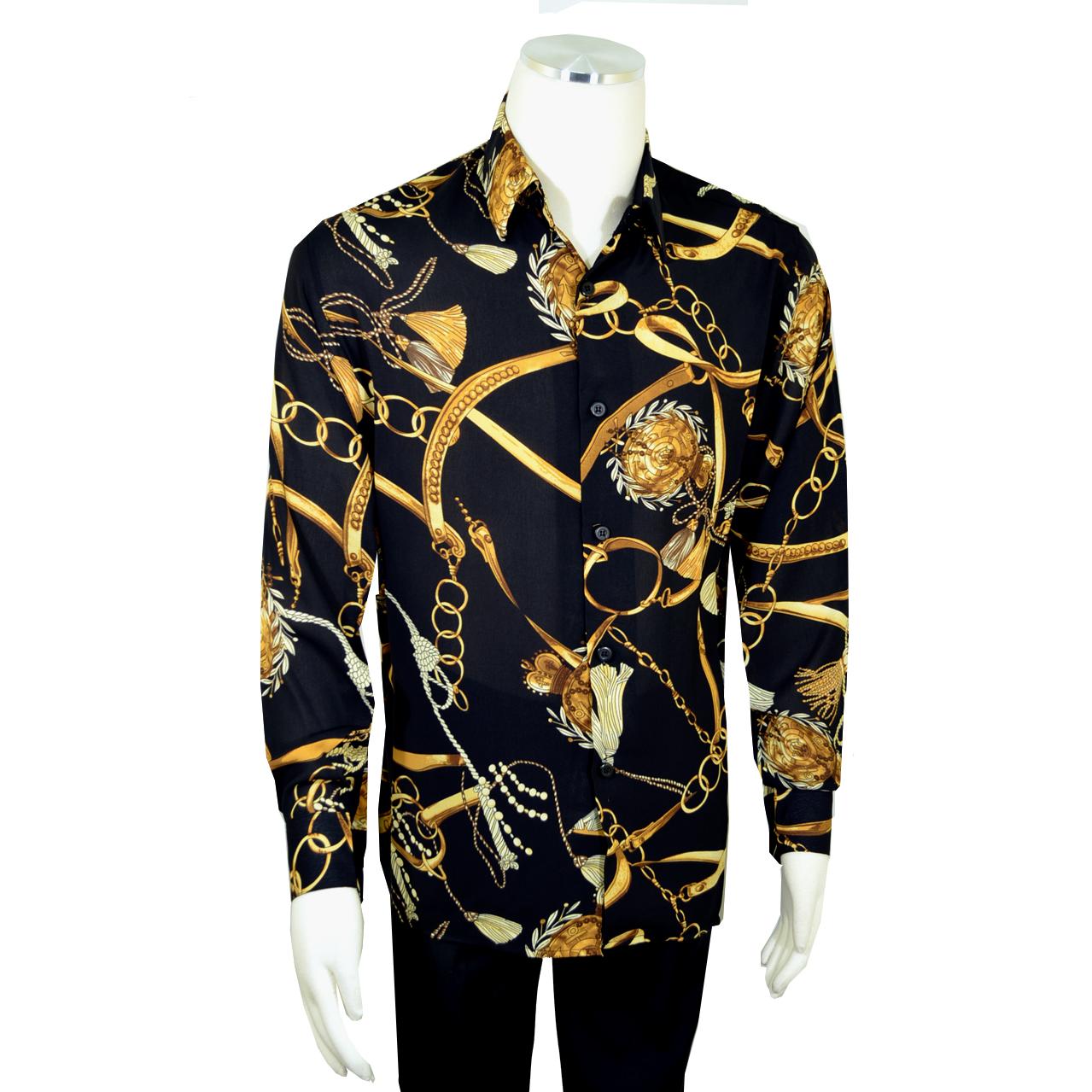 filter Melancholy Discreet Pronti Black / Gold Nautical Chain Design Long Sleeve Shirt S6441 - $49.90  :: Upscale Menswear - UpscaleMenswear.com