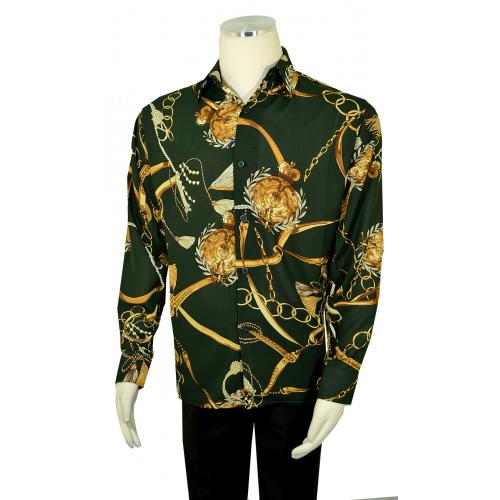 Pronti Hunter Green / Gold Nautical Chain Design Long Sleeve Shirt S6441