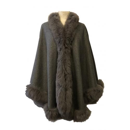 Winter Fur Ladies Light Grey Genuine Wool with Fox Trimming Cape 1803.