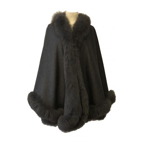 Winter Fur Ladies Dark Grey Genuine Wool with Fox Trimming Cape 1804.