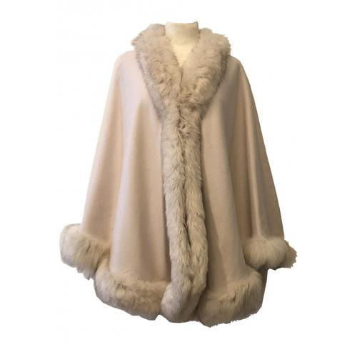 Winter Fur Ladies Beige Genuine Wool with Fox Trimming Cape 1809.
