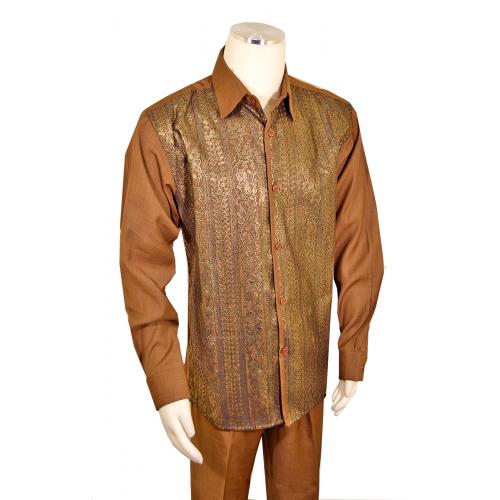 Pronti Walnut Brown / Metallic Gold Emboidered Floral Front Long Sleeve Outfit SP6433