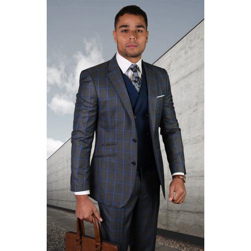 Statement "Porto" Dark Grey / Blue Windowpane Super 150's Wool Vested Modern Fit Suit