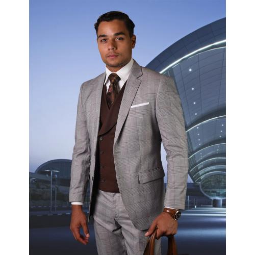 Statement "Lorenzini" Brown / White / Blue Super 180's Cashmere Wool Vested Modern Fit Suit