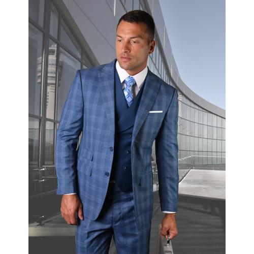 Statement "Rigato" Steel Blue / Bronze Windowpane Super 150's Wool Vested Modern Fit Suit