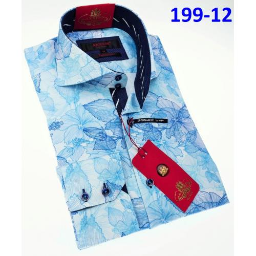Axxess Classic White / Blue Leave Design Modern Fit Cotton Dress Shirt With Button Cuff 199-12.