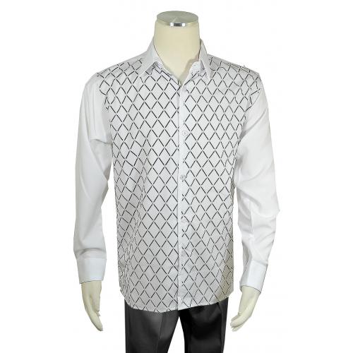 Pronti White / Black / Metallic Silver Diamond Design Long Sleeve Shirt S6447