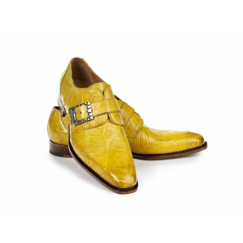 Mauri "Steamboat" 4853/2 Yellow Burnished Genuine Body Alligator Hand Painted Monk Strap Loafer Shoes.
