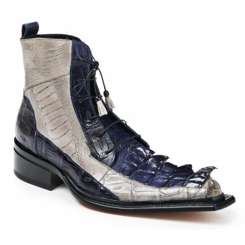 Mauri "Dragon" 44187 Acreraindrops / Wonder Blue Genuine Baby Crocodile / Ostrich Leg / Hornback Ankle  Boots.