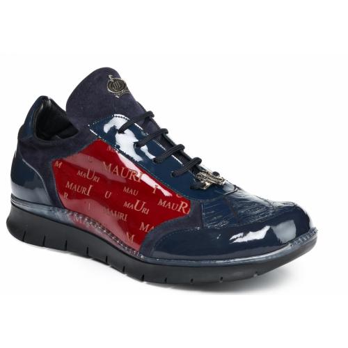Mauri " Legend " 8571 Laser Red / Wonder Blue  Genuine Baby Crocodile /  Patent  / Suede Leather Sneakers.