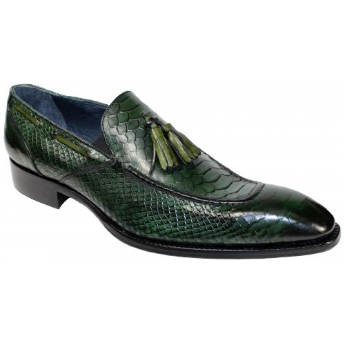 Duca Di Matiste "Cassino" Forest Green / Olive Genuine  Calfskin Leather Tassels Loafer Shoes.