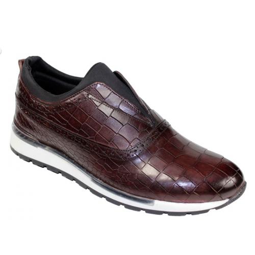 Duca Di Matiste "Imola" Burgundy Genuine Calfskin Leather / Crocodile Print Slip On Sneakers.