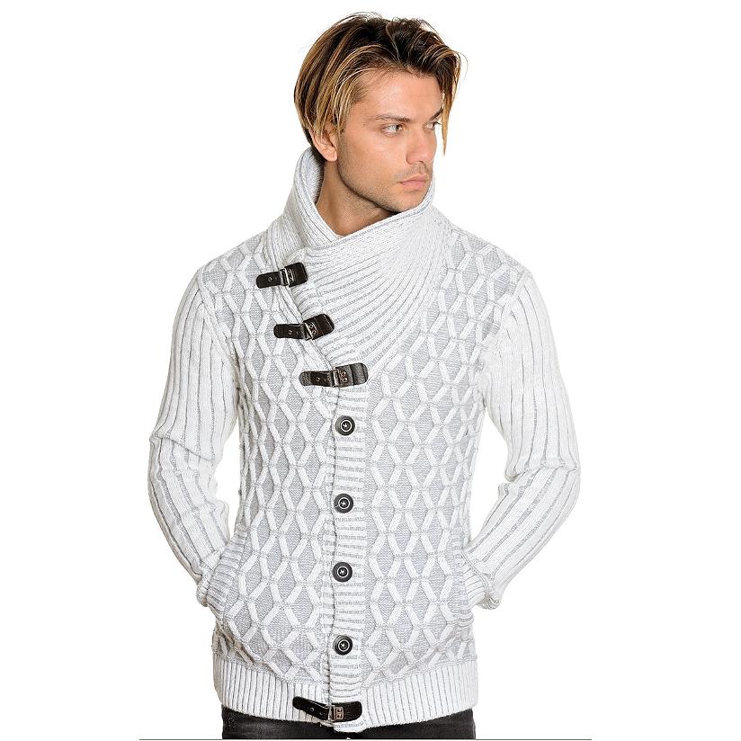 LCR White / Silver Button-Up Modern Fit Wool Blend Shawl Collar Sweater ...