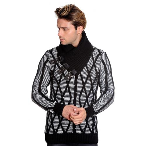 LCR Black / White Shawl Collar Pull-Over Modern Fit Wool Blend Sweater 5965