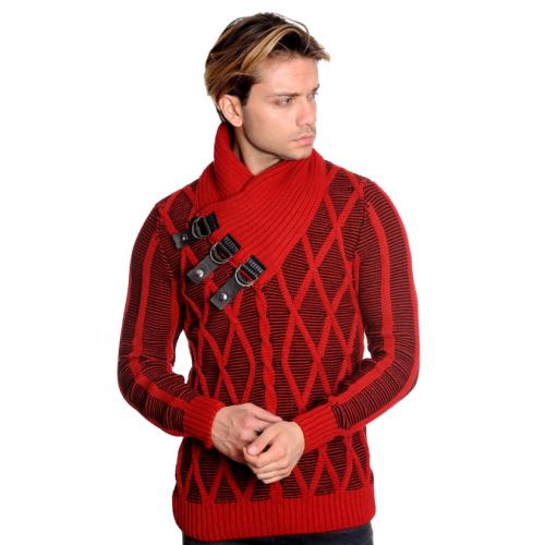 LCR Red / Black Shawl Collar Pull-Over Modern Fit Wool Blend Sweater 5965