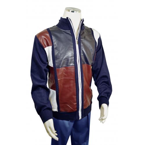 Bagazio Navy Blue / Wine / White PU Leather Zip-Up Cardigan Sweater BM1956