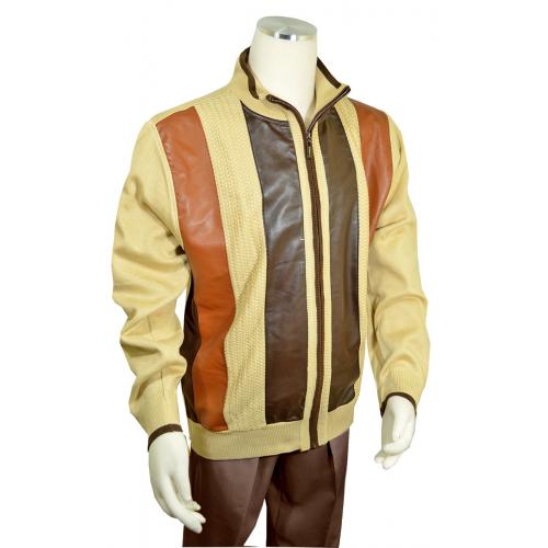Bagazio Beige / Dark Brown / Cognac PU Leather Zip-Up Cardigan Sweater BM1952